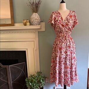 Knox Rose Pink and Red Ruffled Tiered Midi Dress XS